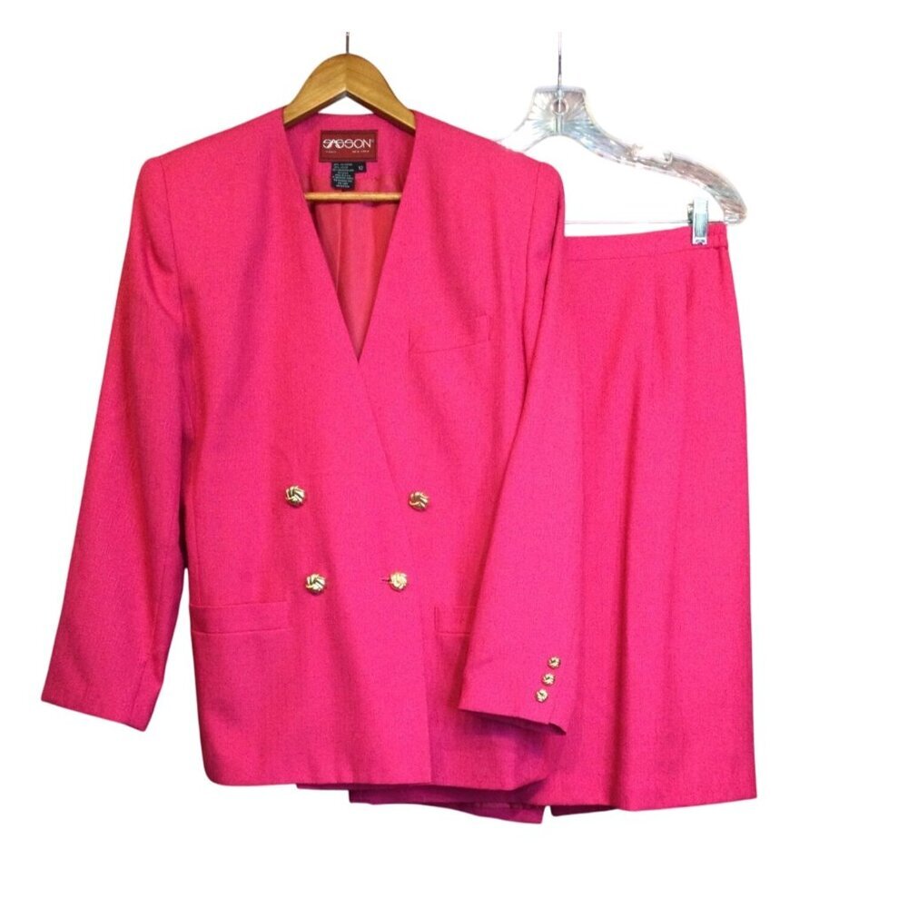 Vintage Sasson Womens Hot Pink Skirt Suit Set Size 12 Double Breasted Old Money